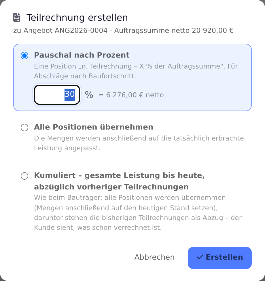 Fenster Teilrechnung erstellen