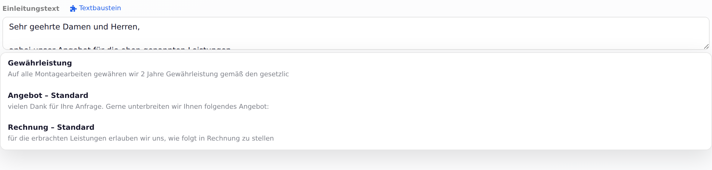 Textbaustein im Angebot einfügen