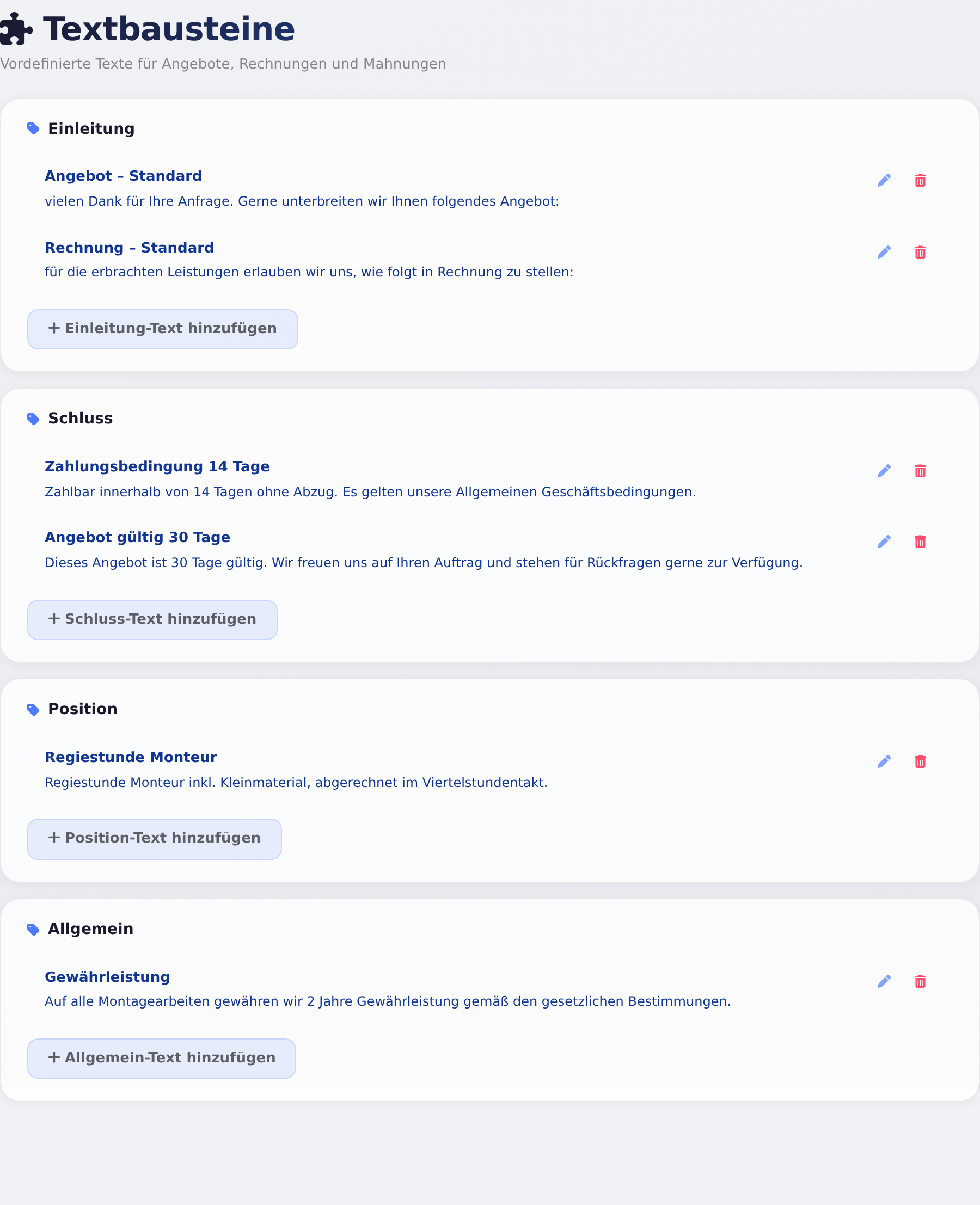 Textbausteine nach Kategorien