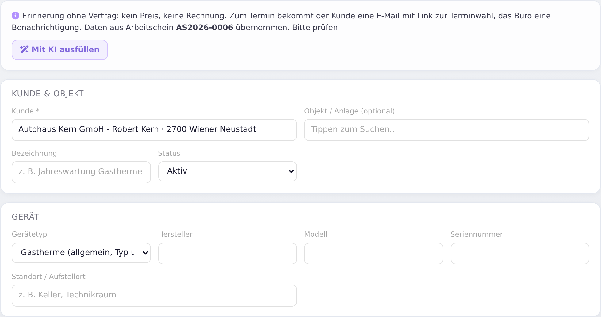 Neue Wartungserinnerung aus einem Arbeitschein mit dem Knopf „Mit KI ausfüllen“