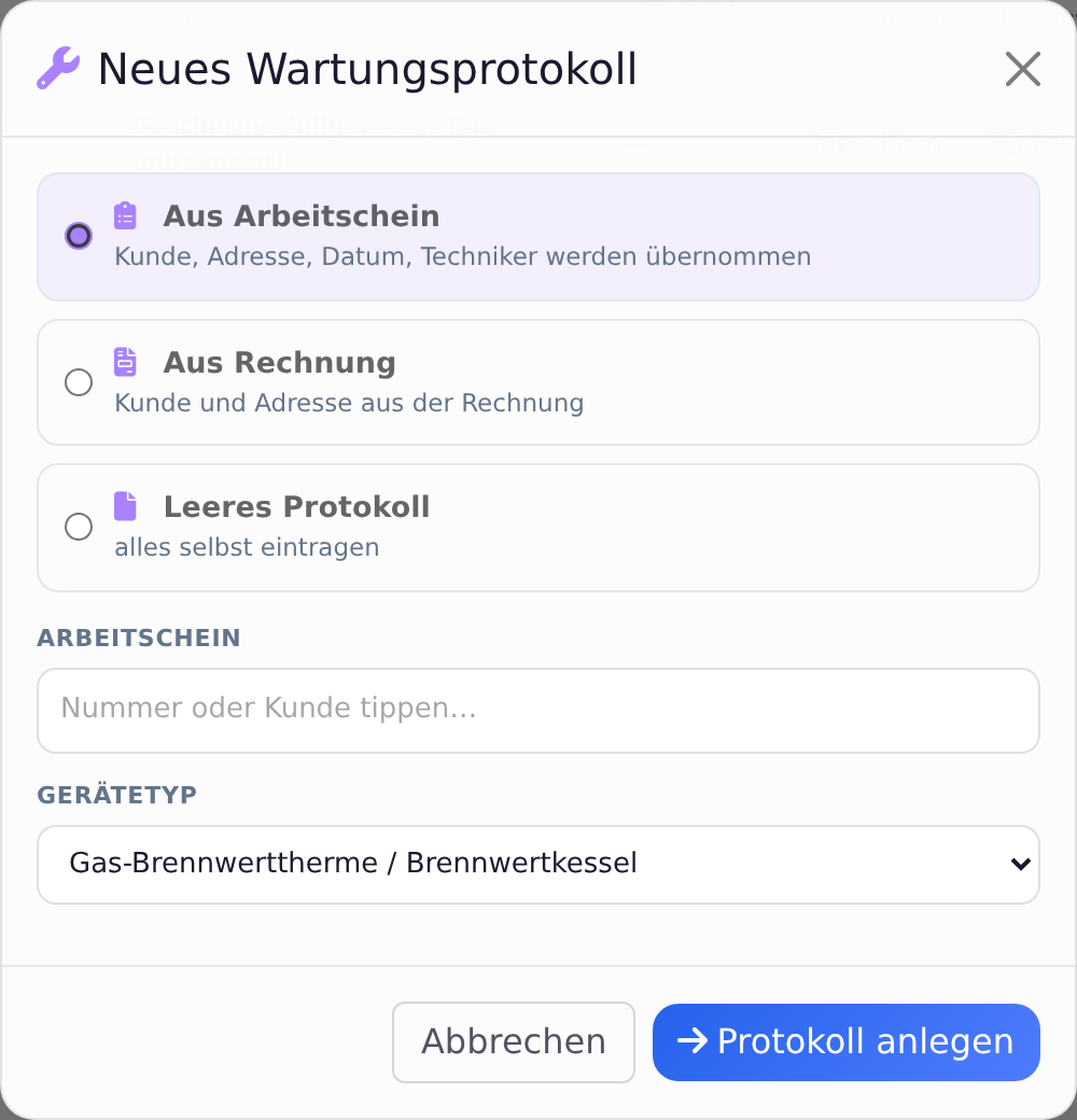 Neues Wartungsprotokoll: aus Arbeitschein, aus Rechnung oder leer