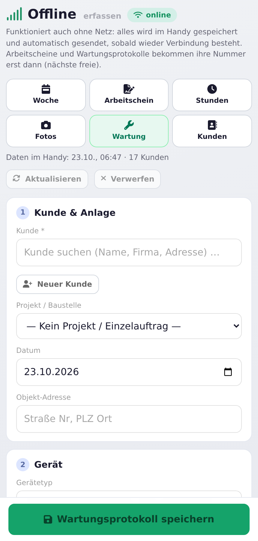 Offline erfassen am Handy, Reiter Wartung