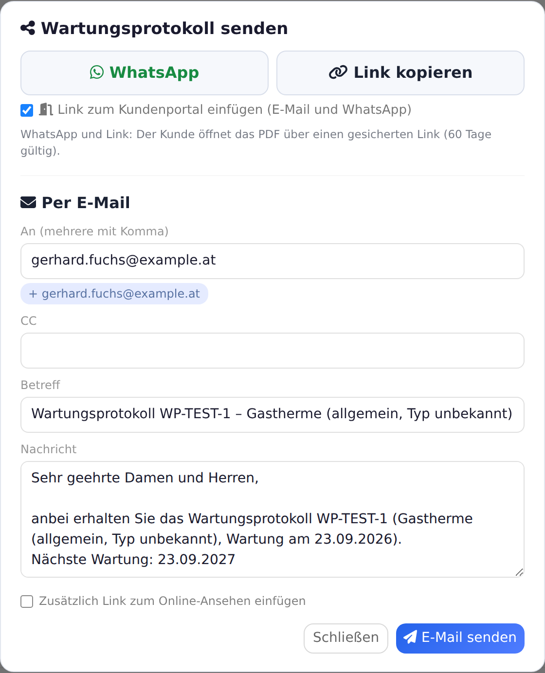 Wartungsprotokoll senden: WhatsApp, Link oder E-Mail mit PDF
