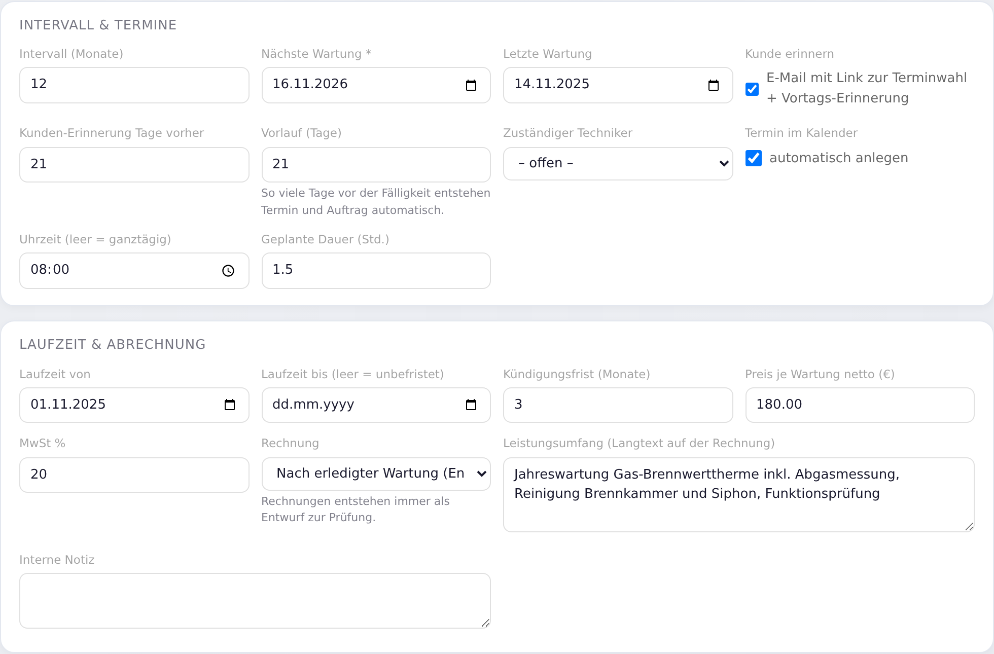 Intervall & Termine sowie Laufzeit & Abrechnung im Vertrag