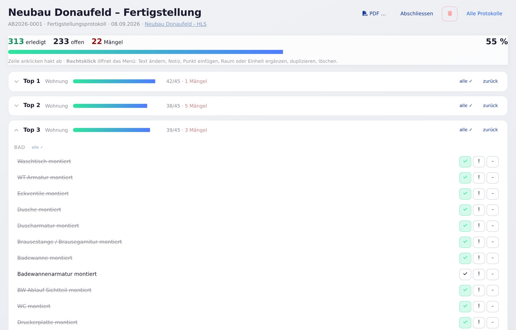 Abnahme: Fertigstellung Wohnung für Wohnung abhaken, Mängel mit Foto, Protokoll als PDF.