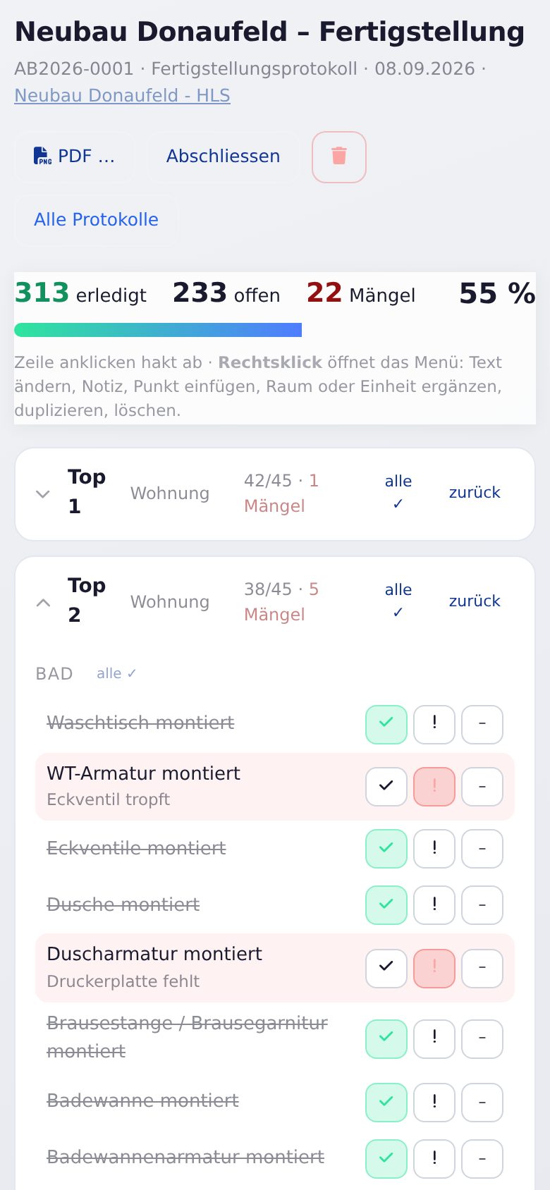 Abnahme abhaken am Handy