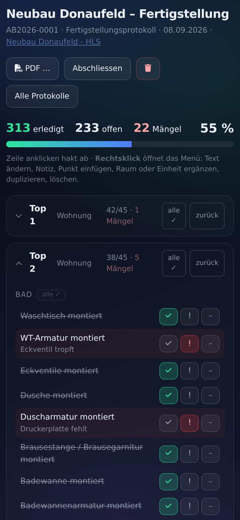 Abnahmeprotokoll am Handy